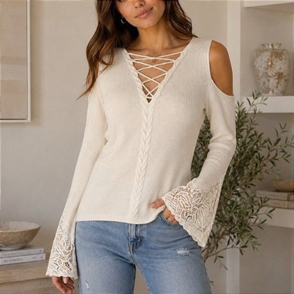 Boston Proper Cream Cold Shoulder Lattice Lace Renaissance Boho Ribbed Sweater S
